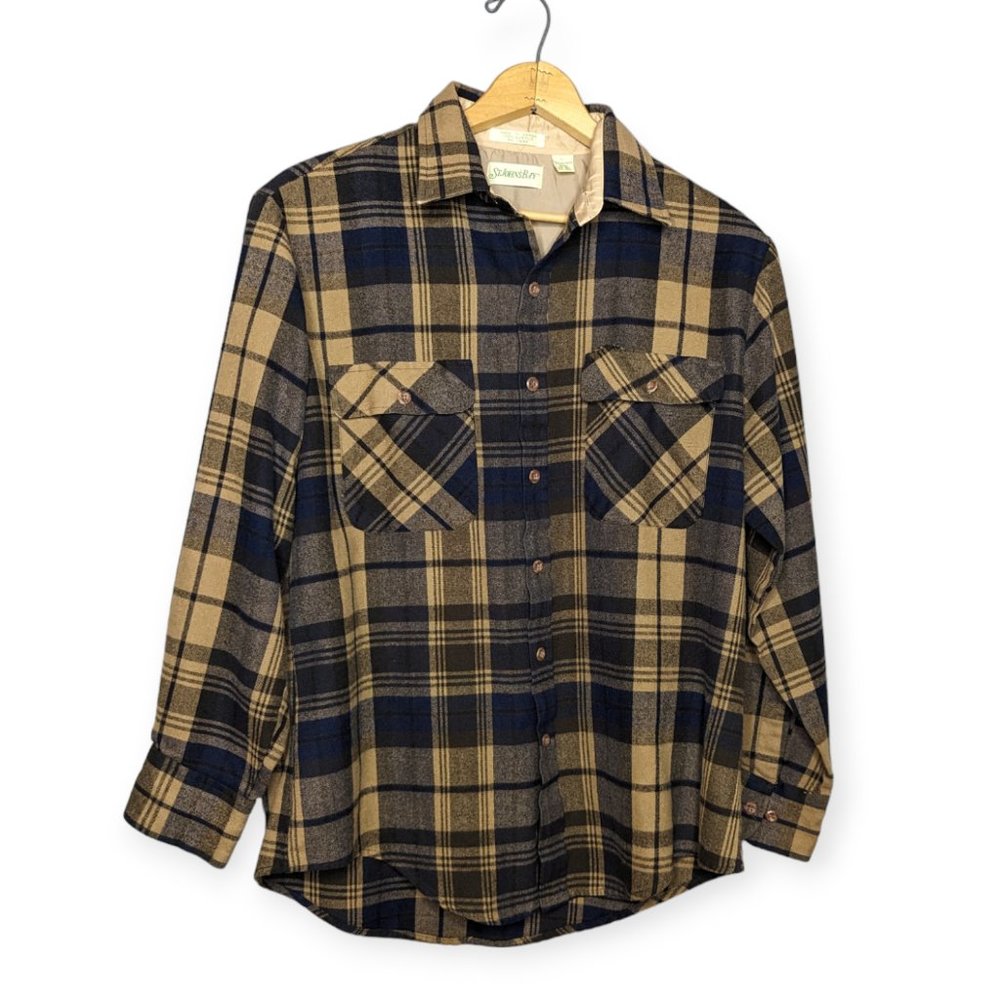 Vintage St John's Bay Yellow & Blue Plaid Flannel Button Front Top Size Large